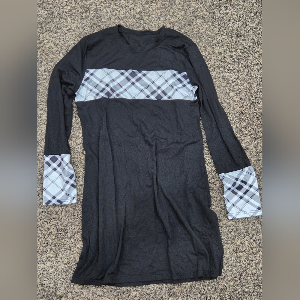 Black Long Sleeve Dress with Plaid Accents